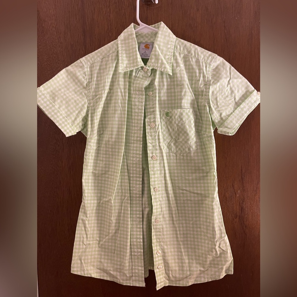 Lime green gingham Carhartt button up cute top